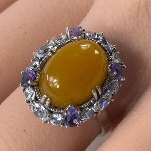 JOY 925 Sterling Silver Yellow Jade size 10 Amethyst Halo Filigree Cocktail Ring